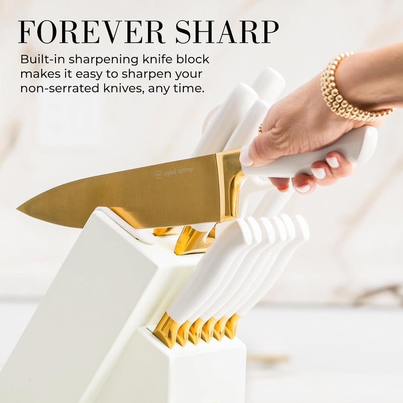 styled settings White and Gold Knife Set with Block - 14-Piece White Knife Set with Block and Built-In Sharpener – Titanium-Coated High Carbon Stainless Steel Blades - Gold Kitchen Accessories - Great for Gifting - Image 3